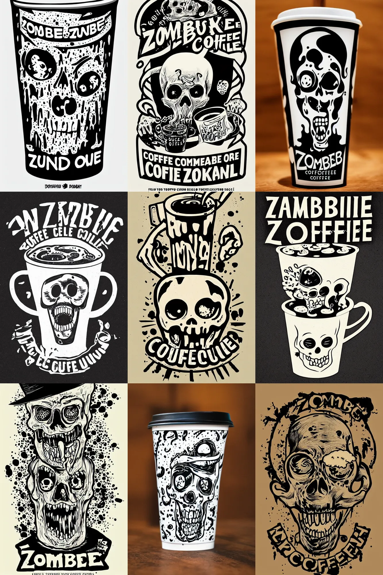 Prompt: zombie coffee logo, zombie drinking from a cup shaped like a skull, by mcbess, full colour print
