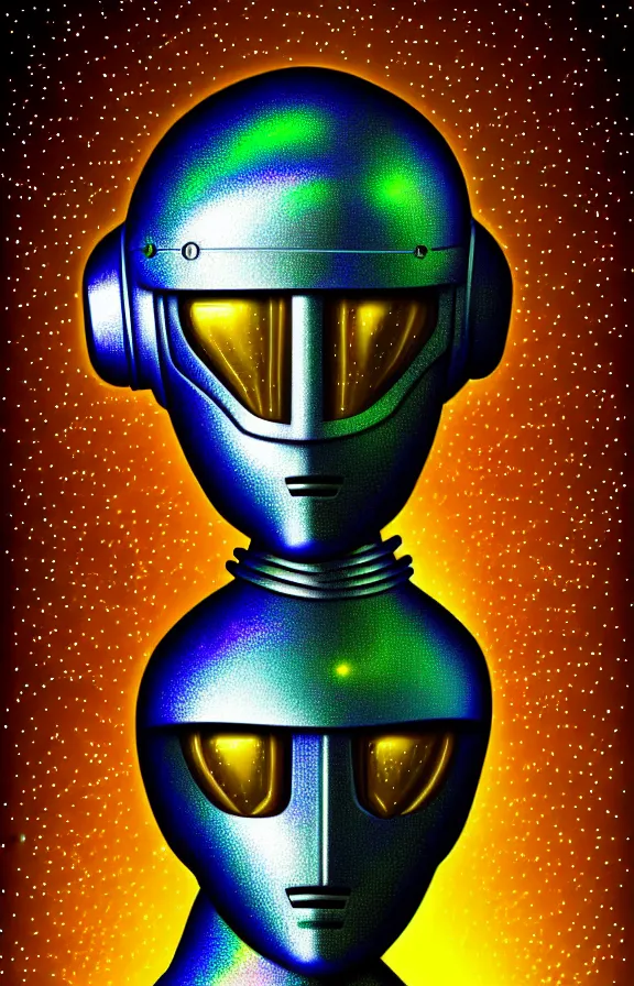 Image similar to portrait of a robot humanoid alien with golden armature and medieval helmet. Galactic iridescent background in the style of Tim white and moebius