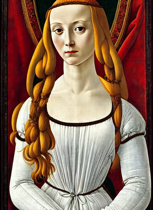 Prompt: portrait of young woman in renaissance dress and caul, art by sandro botticelli