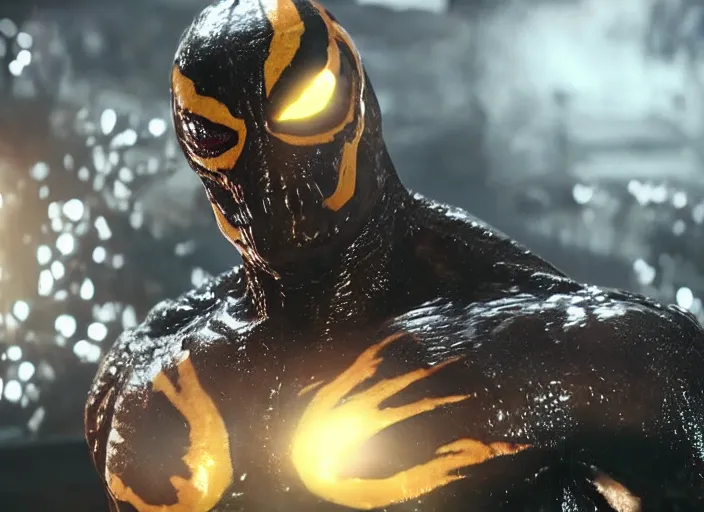 Image similar to venom fused with deadshot, ultra realistic 4 k unreal engine very cinematic render with ray tracing bloom ambient occlusion strong reflections