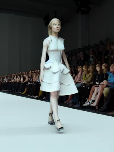 Image similar to a dress made by alexander mcqueen, model walking down a catwalk, photorealism, 4 k