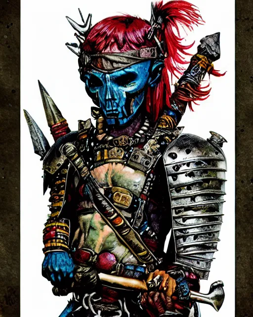 Image similar to portrait of a skinny punk barbarian wearing armor by simon bisley, john blance, frank frazetta, fantasy, thief warrior, floral flowers colorful