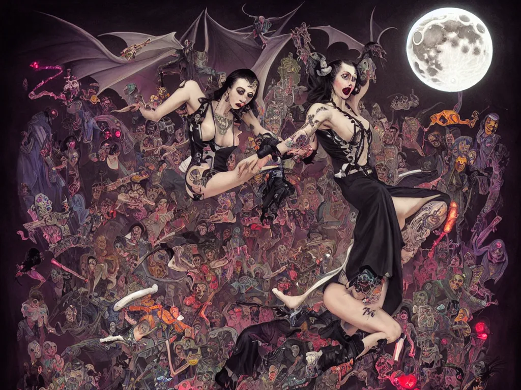 Image similar to dracula dancing on roller skates surrounded by bats and a full moon in the style of american traditional tattoo, neon, cyberpunk, futuristic, stunning, highly detailed, digital painting, smooth, soft focus, illustration, movie poster, japanese typography, digital art from artstation by artgerm and greg rutkowski and alphonse mucha