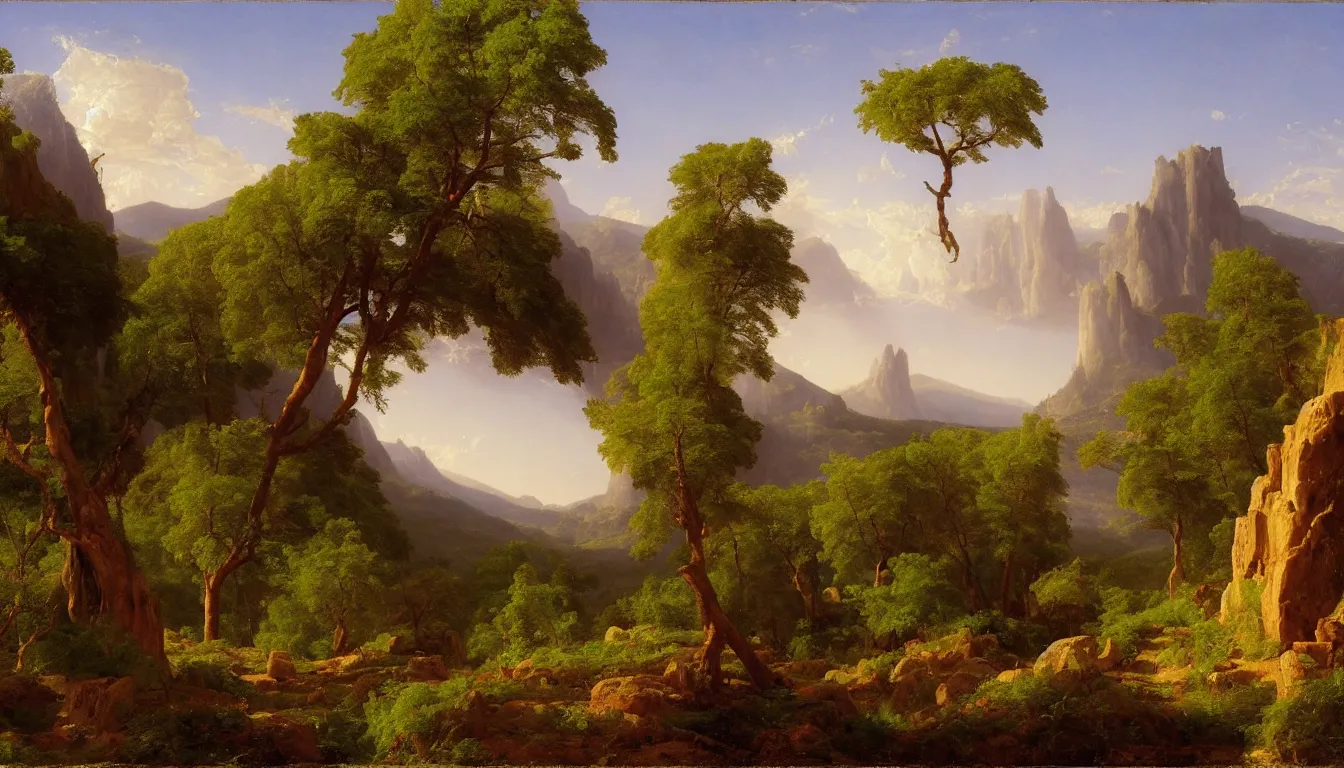 Prompt: Lush landscapes of prehistoric Anatolia, enchanted nature, mythical religious ruin of a forgotten civilization. Hudson river school painting by Thomas Cole, Dusseldorf school painting. wikimedia commons, original file 4,000 × 2,857 pixels, file size: 10.89 MB, MIME type: image/jpeg