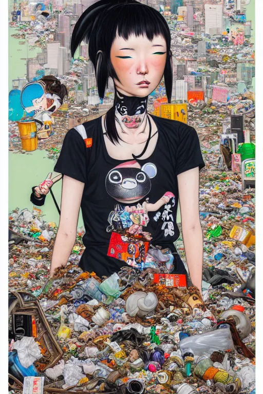 Prompt: full view, from a distance, of anthropomorphic trashcan from tokyo, full of trash, style of yoshii chie and hikari shimoda and martine johanna, highly detailed