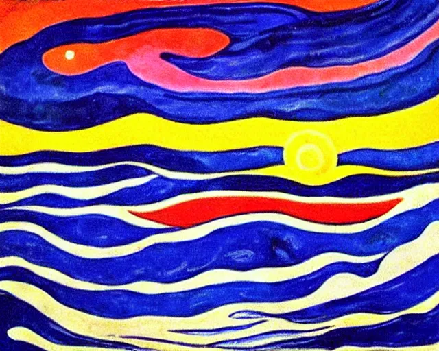 Image similar to Ocean waves in a psychedelic dream world. DMT. Curving rivers. Edvard Munch. Emil Nolde. Minimalist.