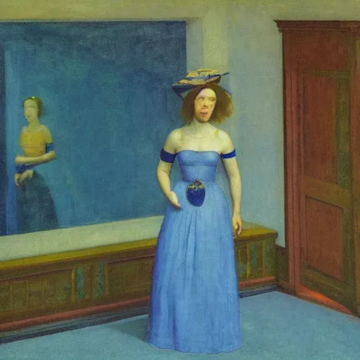 Image similar to close up of a beautiful girl in a blue and gold haunted liminal abandoned room, film still by edward hopper, by Pontormo, by klimt, art noveau, highly detailed, strong lights, liminal, eerie, Bright pastel colors