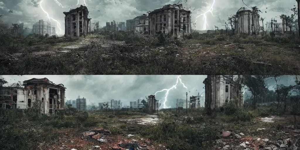 Prompt: abandoned city reclaimed by nature, cinematic shots, smooth lightning, happy, calm