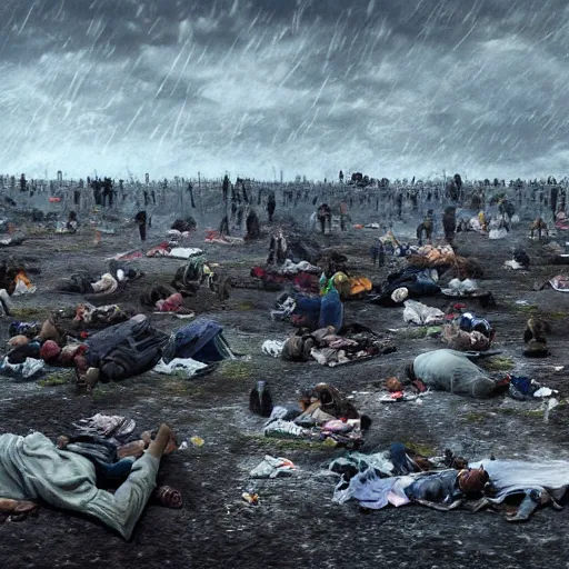 Image similar to Digital art, trending on Artstation, The coming climate change migrant crisis where bodies of hundreds will pile up outside fortified walls to maintain a quality of life for those who can survive the severe and dreadful weather patterns, dystopian, octane render, pbr render, highly detailed, tilt shift background, wide depth of field, 8k, 35mm film grain