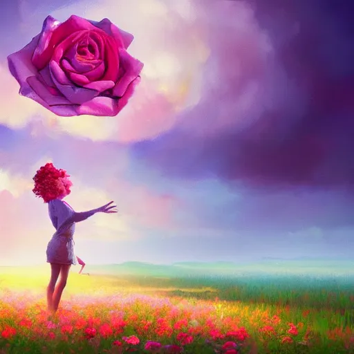 Image similar to large rose head, girl floating in a flower field, surreal photography, sunrise dramatic light, impressionist painting, colorful clouds, digital painting, artstation, simon stalenhag