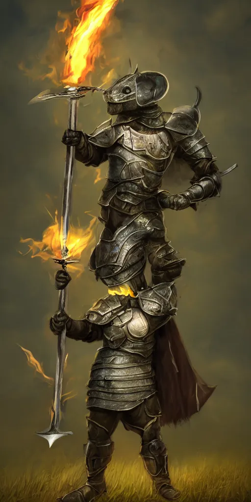 Image similar to full body portrait of half rat knight holding a great sword made of fire, anthropomorphic, prompt:hyper realistic, high detail, photo realistic, cinematic lighting, rendering by octane, spot lighting, in a open field, high quality, coherent. green hue armor