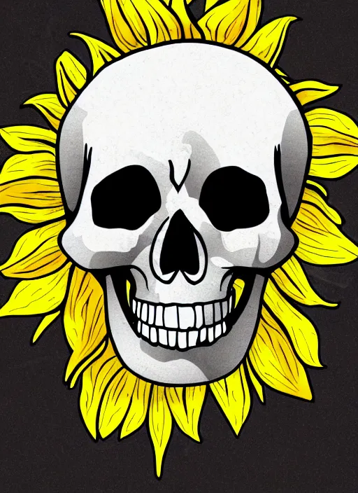 Prompt: skull head in the middle of a sunflower, spooky halloween theme, illustration line art style