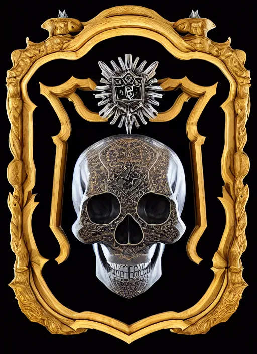 Image similar to black background, a beautiful symmetrical skull on a wooden shield, front facing view, mirrored, ornamental art, octane render, royal shield