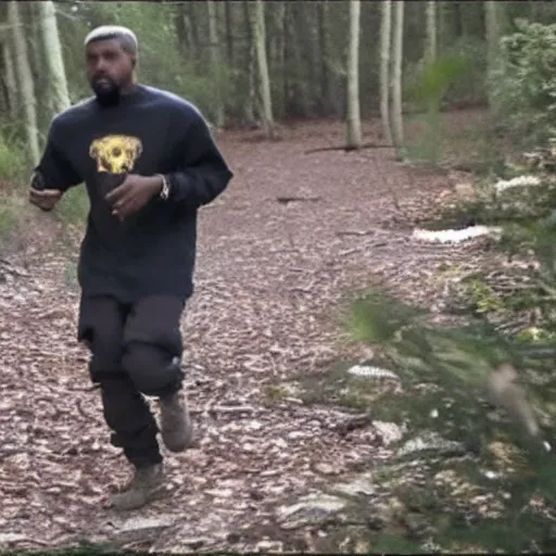 Prompt: trailcam footage of kanye west running in the forest