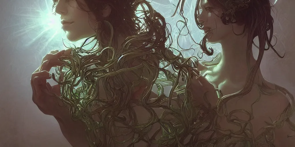 Image similar to scary plant people with tendrils, ominous, intense lighting, light beams, lens flare, intricate, elegant, highly detailed, digital painting, artstation, concept art, smooth, sharp focus, illustration, art by artgerm and serpentigena and alphonse mucha