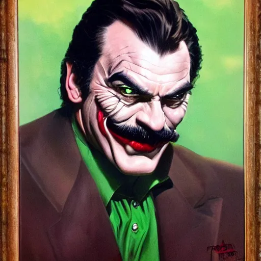 Image similar to ultra realistic portrait painting of tom selleck as the joker, art by frank frazetta, 4 k, ultra realistic, highly detailed, epic lighting