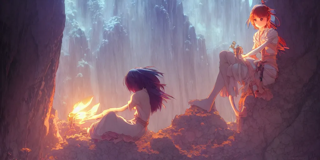 Image similar to the girl and the cave. anime, fantasy, smooth. torches, dark. by hayao miyazaki and rossdraws and artgerm and chie yoshii and detmold and greg rutkowski and alphonse mucha. artstation. high quality, stunning, intricate detailed environment. 8 k