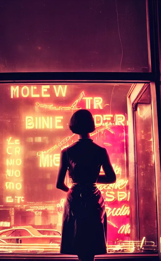 Image similar to vertical movie frame, girl in 5 0's retro restaurant, editorial, fashion, neon - decorated urban on night in the city seen through the window, modern architecture design, vintage, night, blade runner, dark, postapocalyptic, clean lines, asian futuristic city at distance, big windows, octane, wide angle