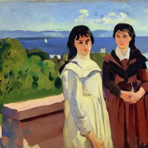 Image similar to a portrait of two beautiful sisters in a scenic environment by albert marquet