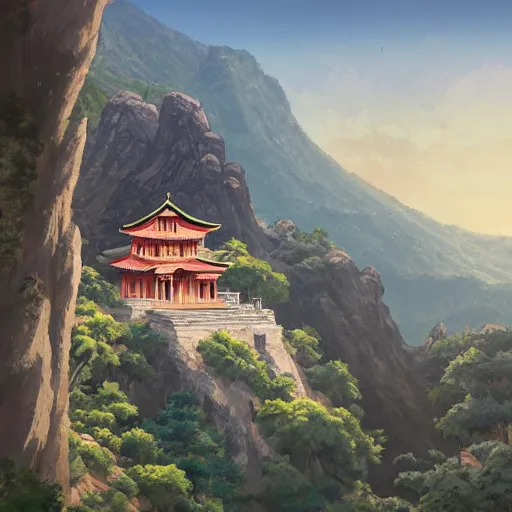 Image similar to concept art painting of a greek and japanese temple on a mountain cliff, overlooking a cozy village in a valley, realistic, detailed, cel shaded, in the style of makoto shinkai and greg rutkowski and james gurney