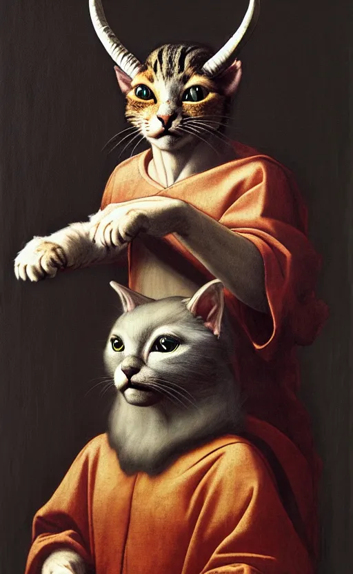 Image similar to a bipedal cat that has goat horns, anthropomorphic cat that is wearing robes, matte oil painting, by leonardo da vinci, by michelangelo, d & d, fantasy, concept art, cosmic, magical, fog, noble, full body portrait, intricate, ornate, extremely detailed, cult, ritual, sharp focus, 4 k, 8 k