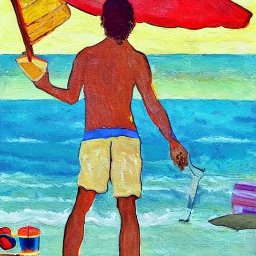 Prompt: a painting of a happy person who smoked too much weed, sunny day at the beach. pizza and pepsi at his side