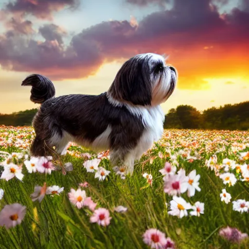 Prompt: shih tzu in a field full of flowers, photo realistic, with a sunset