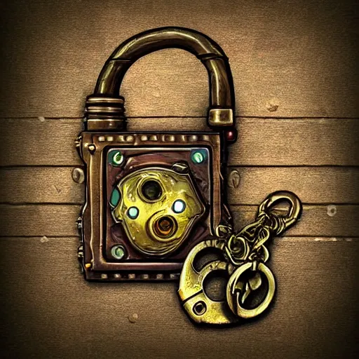 Prompt: a steampunk keyed padlock 🔒 🔑, fantasy digital art, magical background in the style of hearthstone artwork