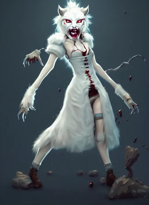 Image similar to wide angle beautiful full body portrait of a strong female damaged zombie anthropomorphic anthro white lynx fursona wearing a steampunk dress toothsome open mouth. character design by disney, anime, manga, charlie bowater, ross tran, artgerm, and makoto shinkai, detailed, soft lighting, rendered in octane