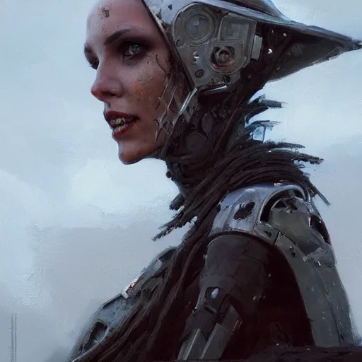 Prompt: extremely detailed oil painting portrait of a robotic witch knight scavenger in an apocalyptic fantasy wasteland art by Greg Rutkowski, trending on artstation