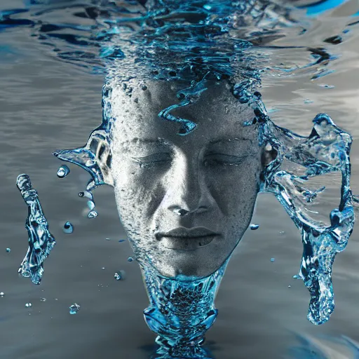 Prompt: spilling water creating a human head out sculpture of water, on the ocean water, ray tracing, realistic water sharp focus, long shot, 8 k resolution, cinematic, amazing water art