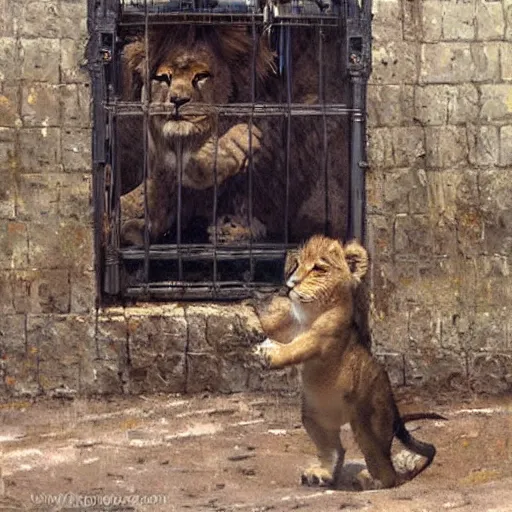 Prompt: cute lion cub with in a cage on a medieval fantasy market, oil painting, by greg rutkowski