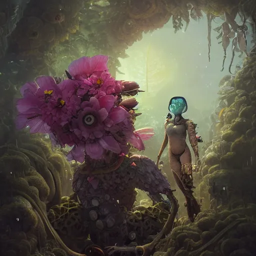 Image similar to exquisite flowers, imaginative alien creature poster art, humanoid, anthro, botanical illustration 8 k, octane render by lucusfilm weta studio tom bagshaw james jean frank frazetta, james gurney martine johanna and simon stalenhag and chie yoshii and casey weldon