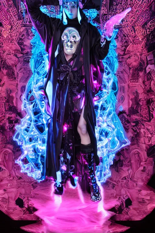 Image similar to photo of full-body rococo and cyberpunk delicate neon crystalline sculpture of ((handsome muscular albino prince Nick Jonas)) as an onyx humanoid deity wearing ((onyx plastic hooded cloak)) (holding an onyx skull) in a black aztec temple, reclining, glowing blue face, crown of (pink lasers), large blue diamonds, swirling black silk fabric. futuristic elements. oozing glowing liquid, full-length view. space robots. intricate artwork by caravaggio. Trending on artstation, octane render, cinematic lighting from the right, hyper realism, photorealistic, octane render, 8k, depth of field, 3D