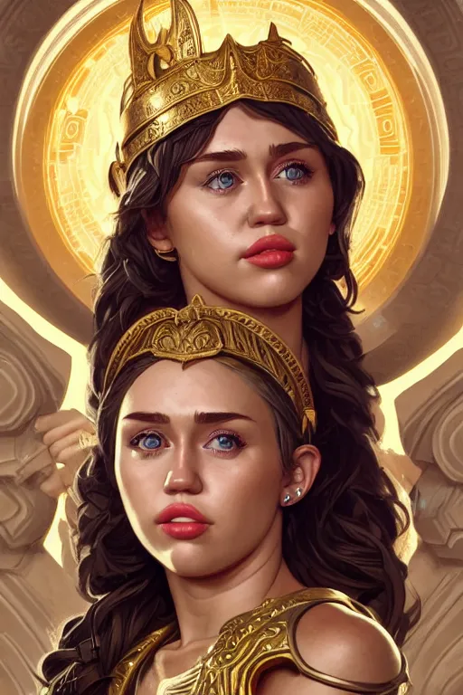 Image similar to miley cyrus as greek goddess athena, closeup, d & d, fantasy, intricate, elegant, highly detailed, digital painting, artstation, concept art, matte, sharp focus, illustration, hearthstone, art by artgerm and greg rutkowski and alphonse mucha