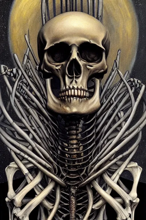 Image similar to an extremely high quality hd a painting of a skeleton with a halo around it's head, poster art by hans ruedi giger, behance contest winner, vanitas, apocalypse art, cosmic horror, darksynth, 8 k, ultra realistic, very realistic