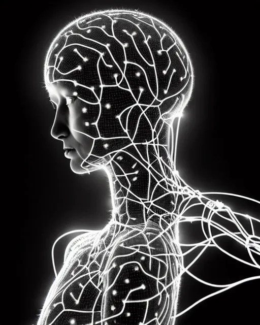 Image similar to black and white cyborg - plant goddess high quality photo, microchip, artificial intelligence, bio - mechanical bio - luminescence, black wired cables, neurons, nerve cells, cinematic, rim light, photo - realistic, elegant, high detail, 8 k, masterpiece, high fashion, in the style of dora maar