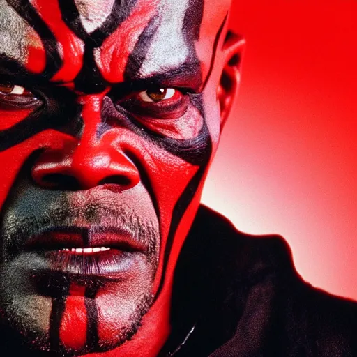 Image similar to a film still of samuel l. jackson starring in a blockbuster film as darth maul from star wars, shallow depth of field, cinematic, award winning cgi, vfx, film still