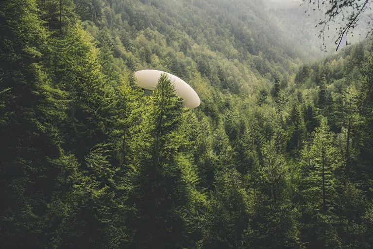 Image similar to sci fi nuclear containment buildings in a steep sided valley with trees, ufo flying around, a sense of hope and optimism, birds overhead, stark light, day time, unsplash, national geographic, hd, high res