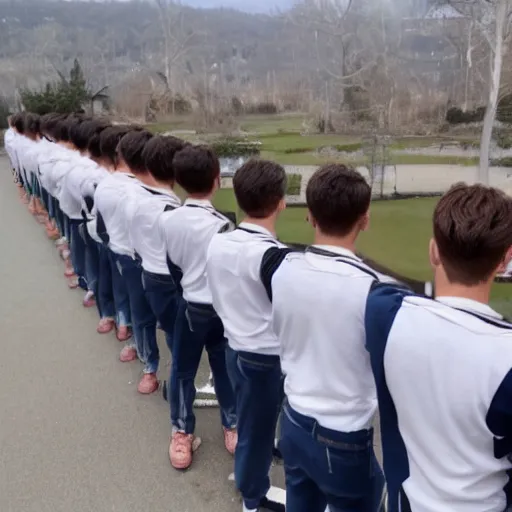 Image similar to beautiful boys, human chain join from the back and front