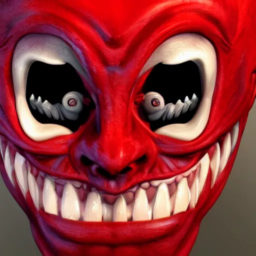 Prompt: portrait of a smiling demon, the red demon has a massive inhuman grin, 8k photorealistic, award winning photo