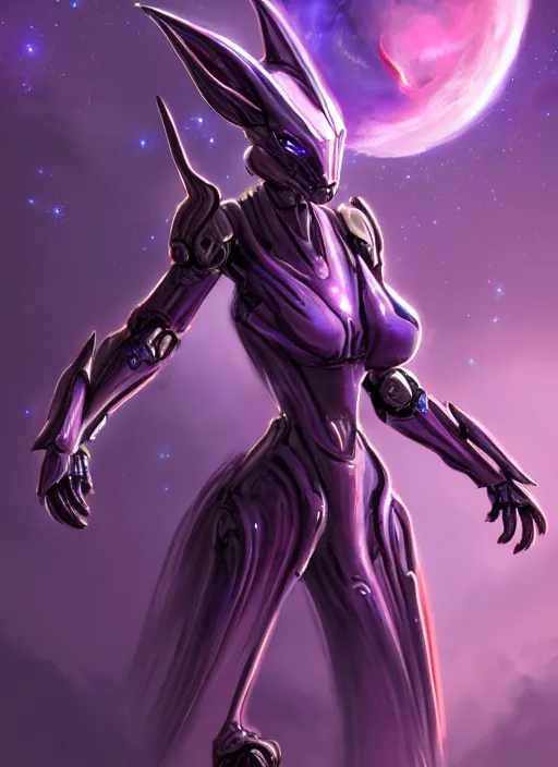 Image similar to cinematic goddess body shot, galactic sized beautiful stunning hot anthropomorphic robot mecha female dragon, sleek dragon head, metal ears, led purple eyes, smooth fuschia skin, nebula size, smooth silver armor, floating in space, epic proportions, epic size, epic detail, furry art, dragon art, giantess art, warframe fanart, furaffinity, octane