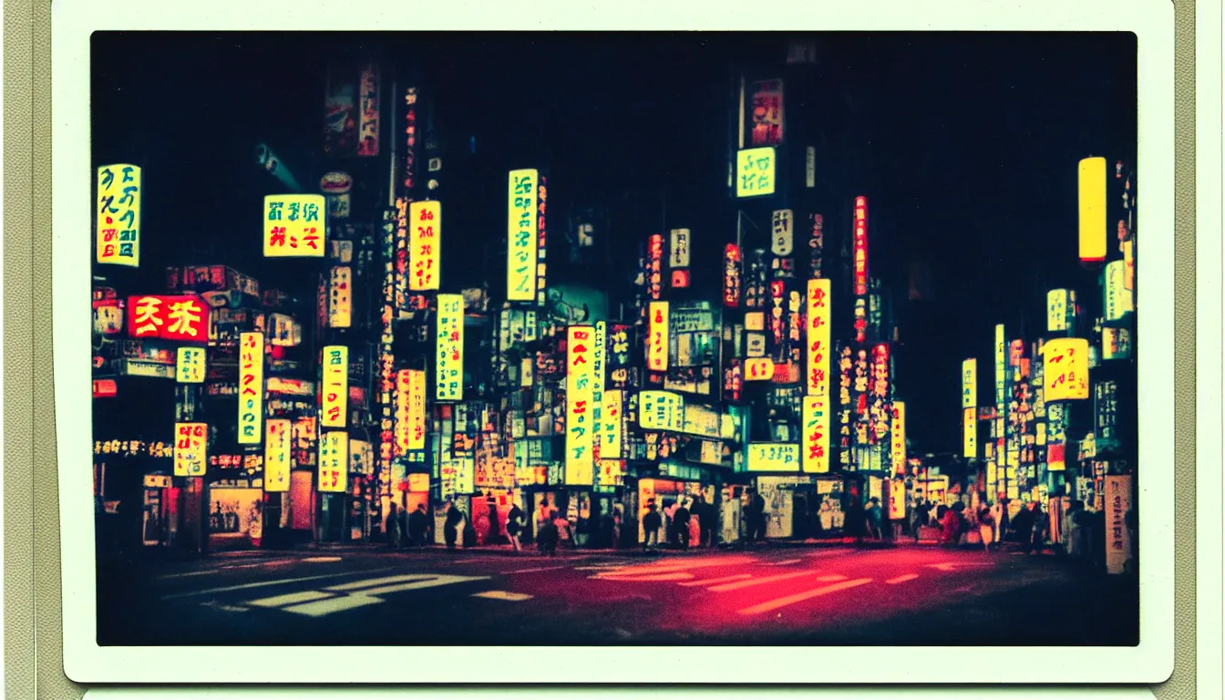 Image similar to colorful instant photograph of tokyo at night, polaroid, light leak, raw, nostalgic