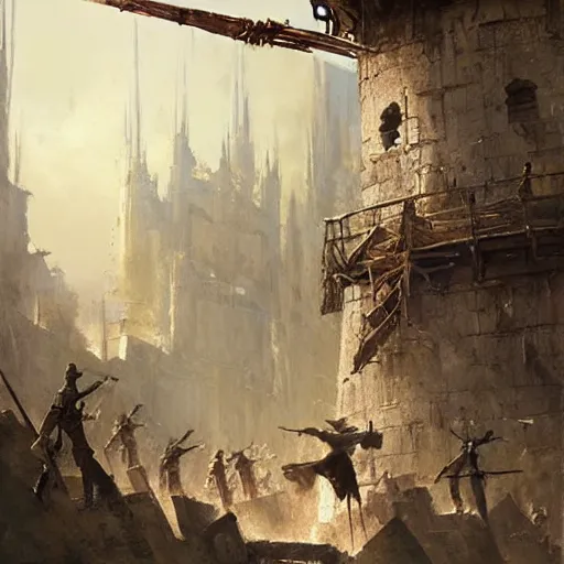 Prompt: a moving siege tower, cartwheels, epic fantasy style art by Craig Mullins, fantasy epic digital art, epic fantasy card game art by Greg Rutkowski