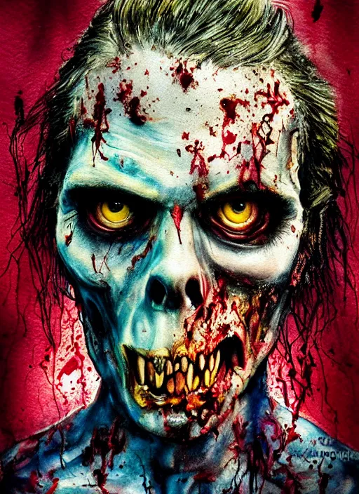 Prompt: zombie hollywood professional acting headshot, hyperrealism, david dennis, magazine cover person, intricate detailed, studio lighting, charming expression gesicht, hauntingly beautiful zombie, watercolor art, epic, legendary, drawn and painted, colored layers, dulled contrast, exquisite fine art, splatterpaint