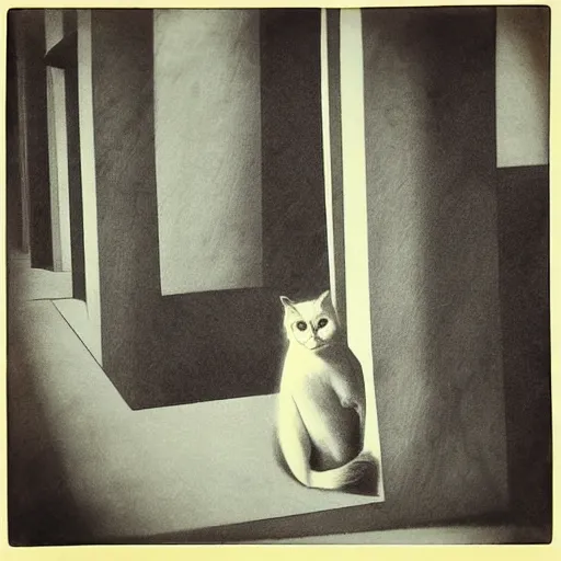 Image similar to filmic noisy bipedal paris web balinese cat zinc pilaster pediment, by kati horna and juan gimenez and edward hopper, art on instagram, charcoal drawing, polaroid photo