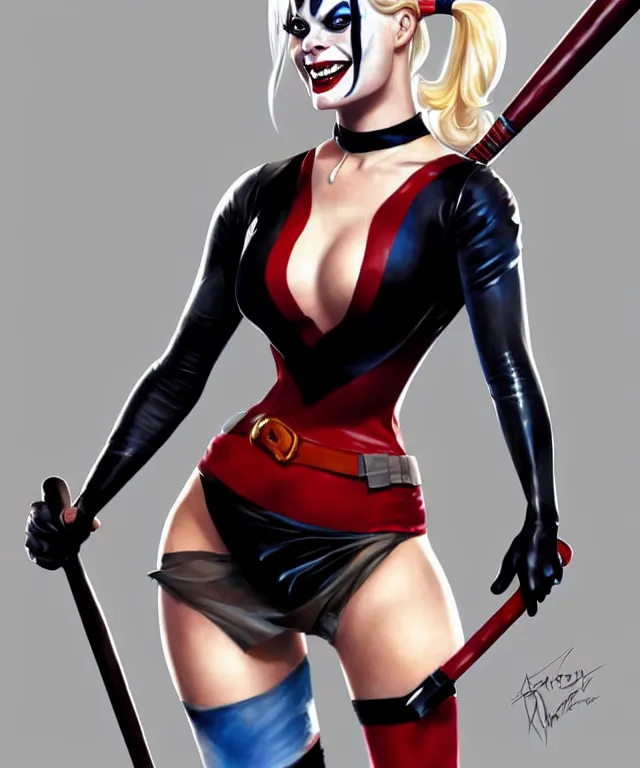 Prompt: Caricature of Margot Robbie as Harley Quinn, fully dressed. Full bodied pose, with baseball bat, highly detailed, digital painting, artstation, concept art, smooth, sharp focus, illustration, art by artgerm and greg rutkowski and alphonse mucha