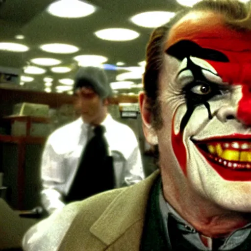 Image similar to jack nicholson as joker working in imperial mcdonalds behind counter, fleshtone facepaint coming off, movie still, dslr