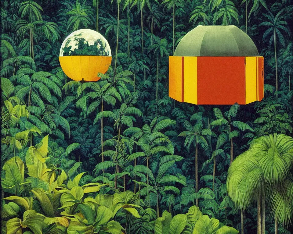 Prompt: an achingly beautiful print of the lunar module in the middle of a tropical rainforest by Raphael, Hopper, and Rene Magritte. detailed, romantic, enchanting, trending on artstation.