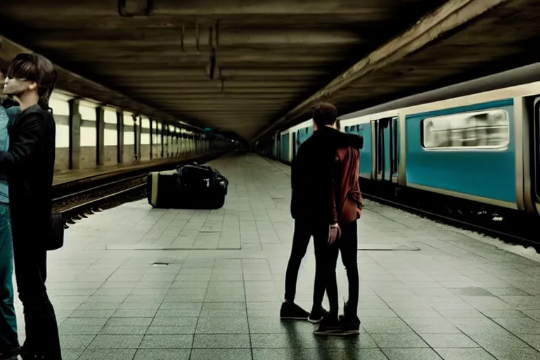 Image similar to vfx movie closeup couple in a train station flat color profile low - key lighting award winning photography cinematography atmospheric cool color - grade